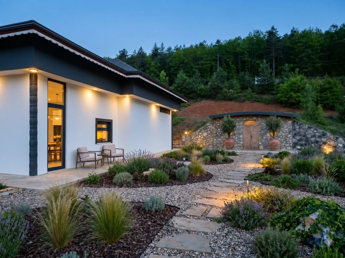 Villa ile hobbit ev arasındaki bahçe ve yürüyüş yolu